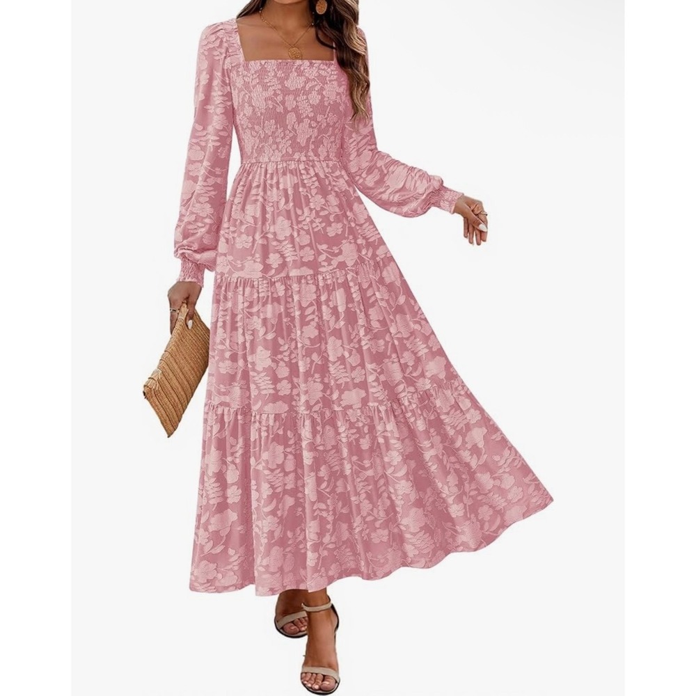 KIRUNDO Floral Maxi Dress XL Pink Smocked Square Neck Tiered Boho Romantic New